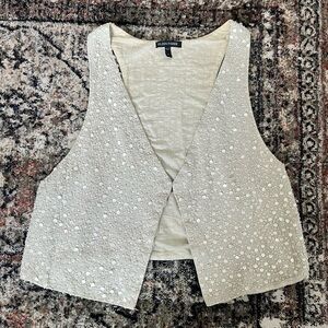 Eileen Fisher cream sequin encrusted matka silk vest with a cotton lining